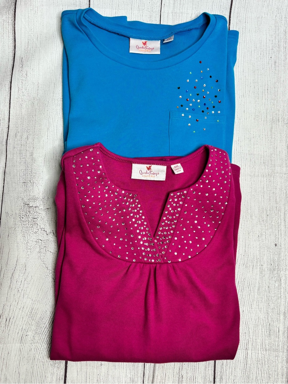 Quacker Factory 2 Shirt Bundle Fuchsia Pink and Blue with Sparkles Size XXS
